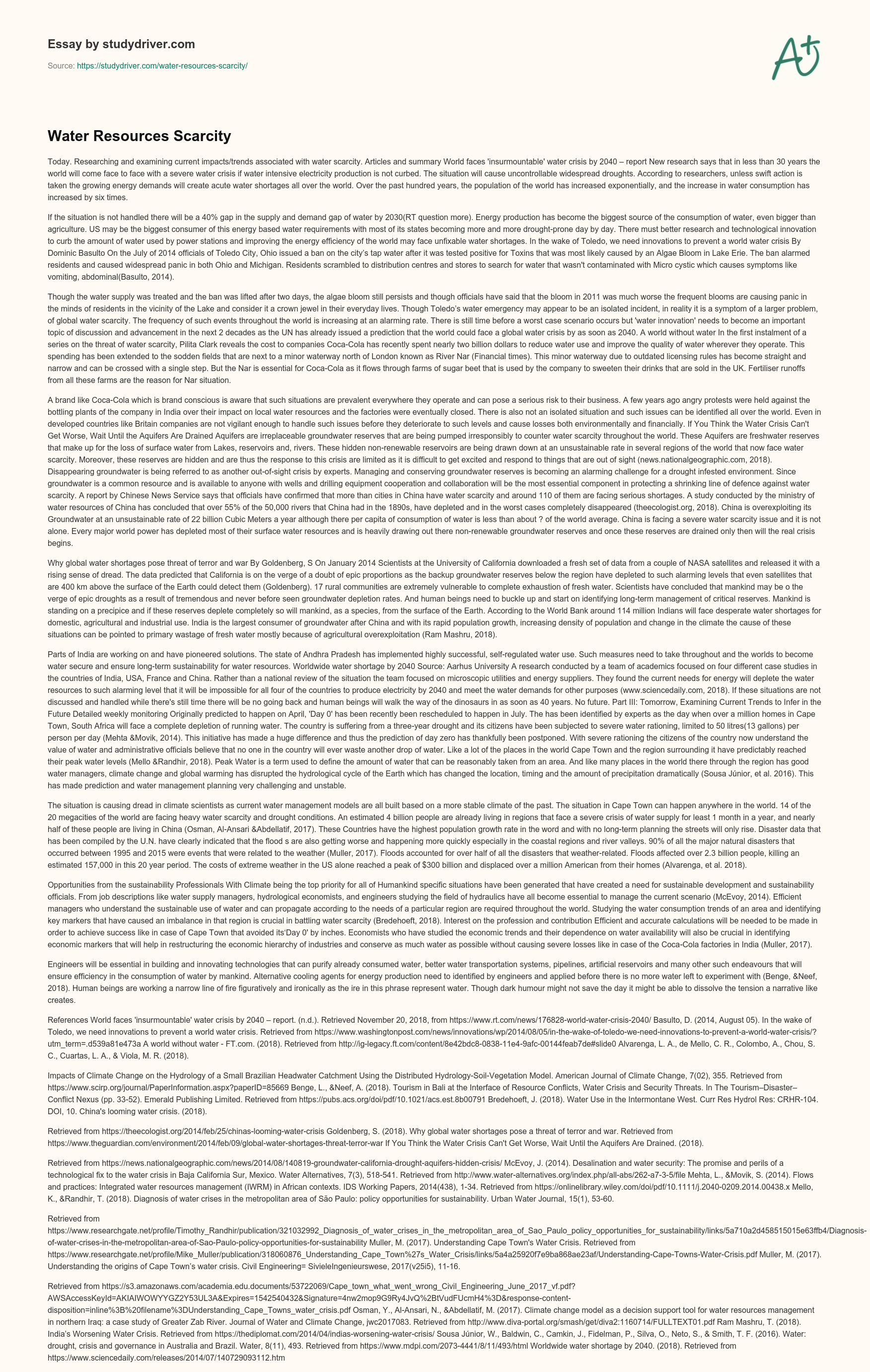 Water Resources Scarcity essay