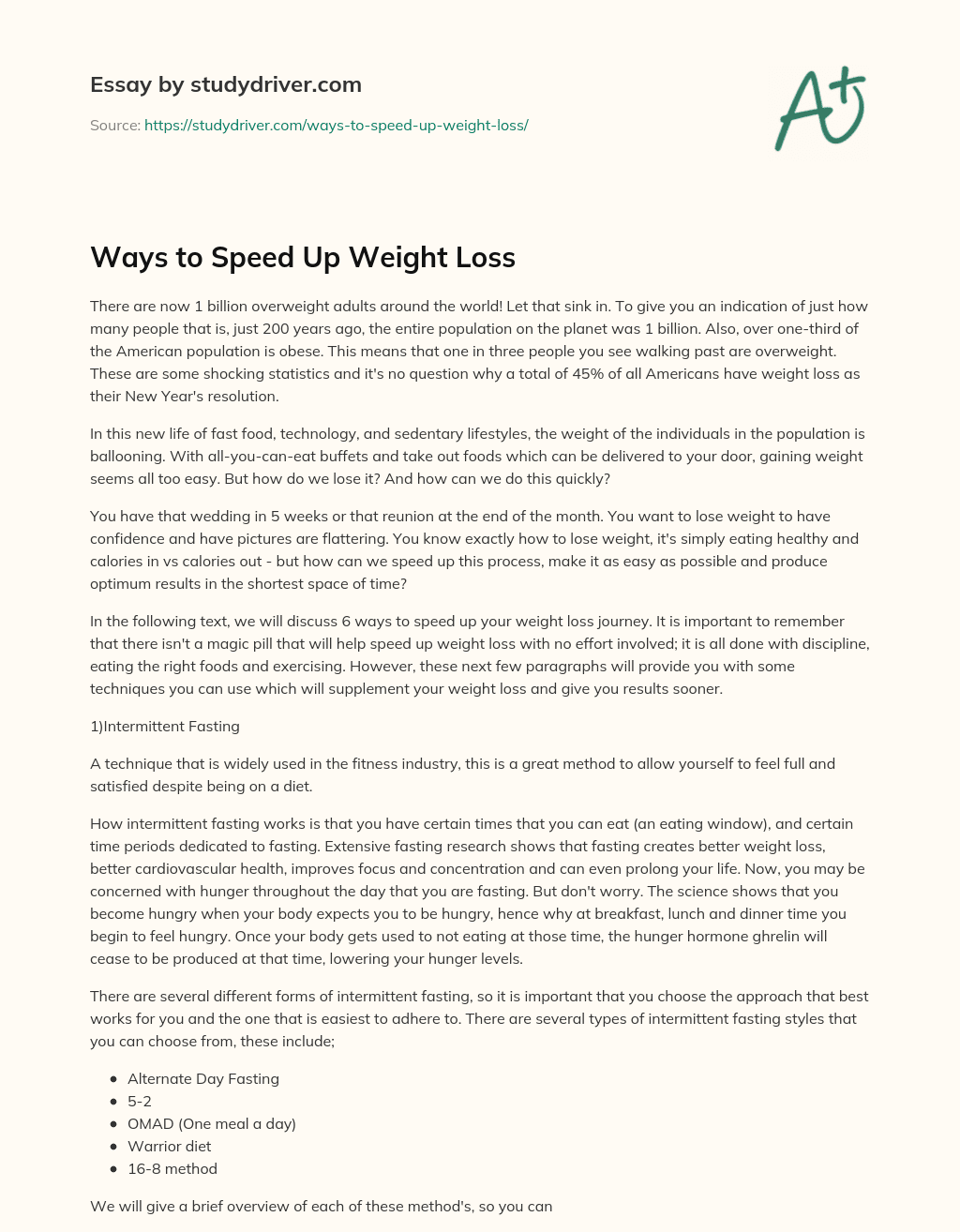 Ways to Speed up Weight Loss essay
