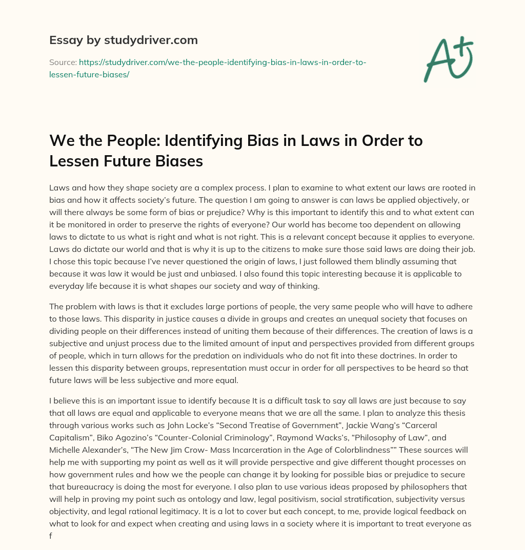 We the People: Identifying Bias in Laws in Order to Lessen Future Biases essay