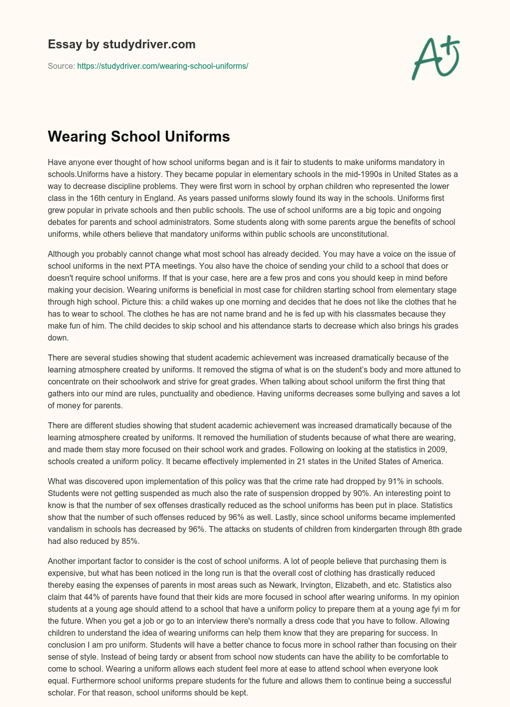 Wearing School Uniforms essay