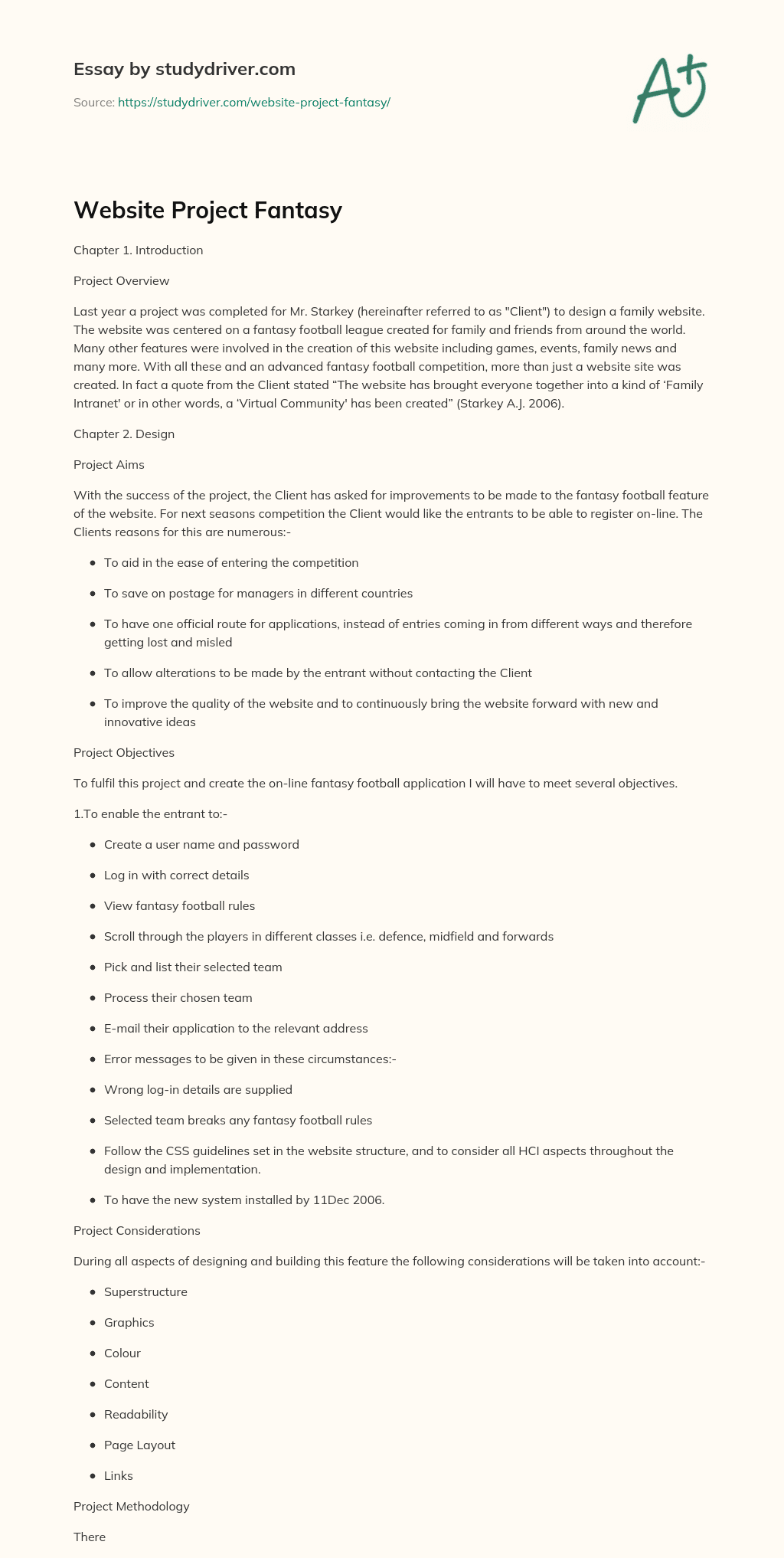 Website Project Fantasy essay