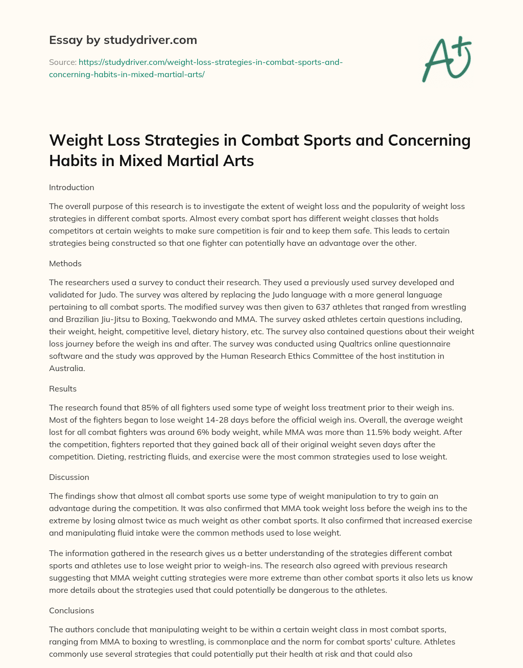 Weight Loss Strategies in Combat Sports and Concerning Habits in Mixed Martial Arts essay