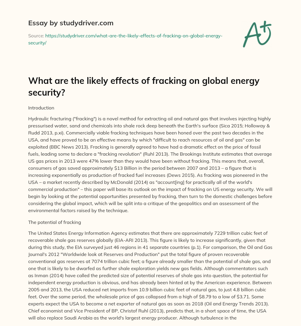 What are the Likely Effects of Fracking on Global Energy Security? essay