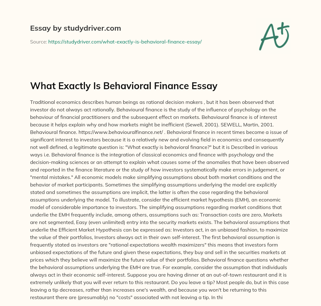 What Exactly is Behavioral Finance Essay essay