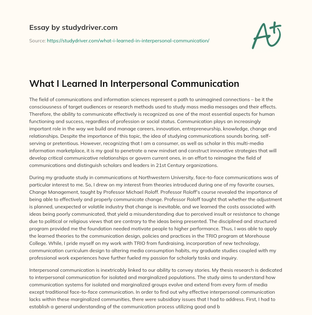 What i Learned in Interpersonal Communication essay