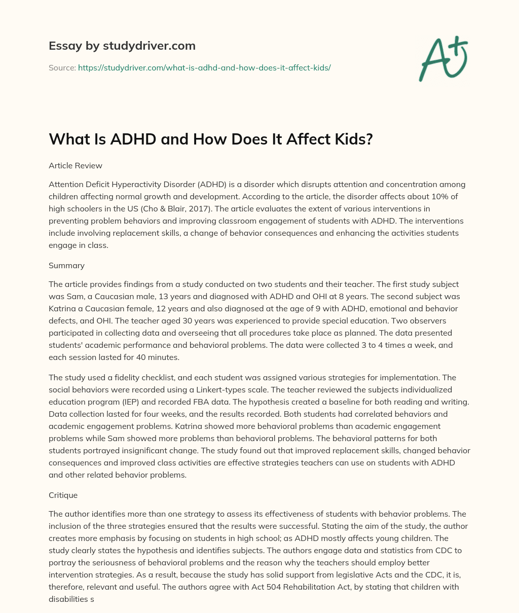 What is ADHD and how does it Affect Kids? essay