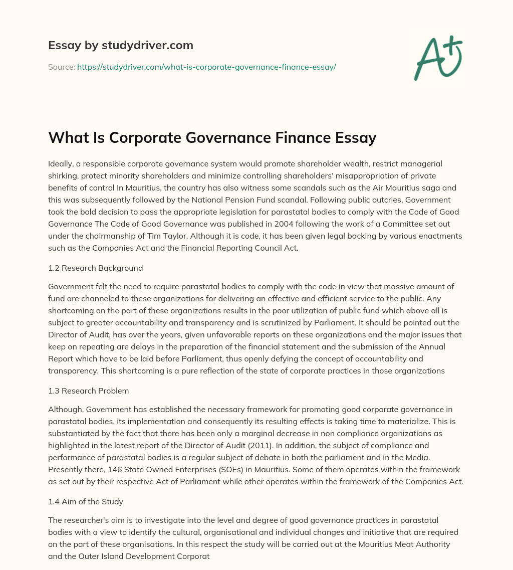 What is Corporate Governance Finance Essay essay