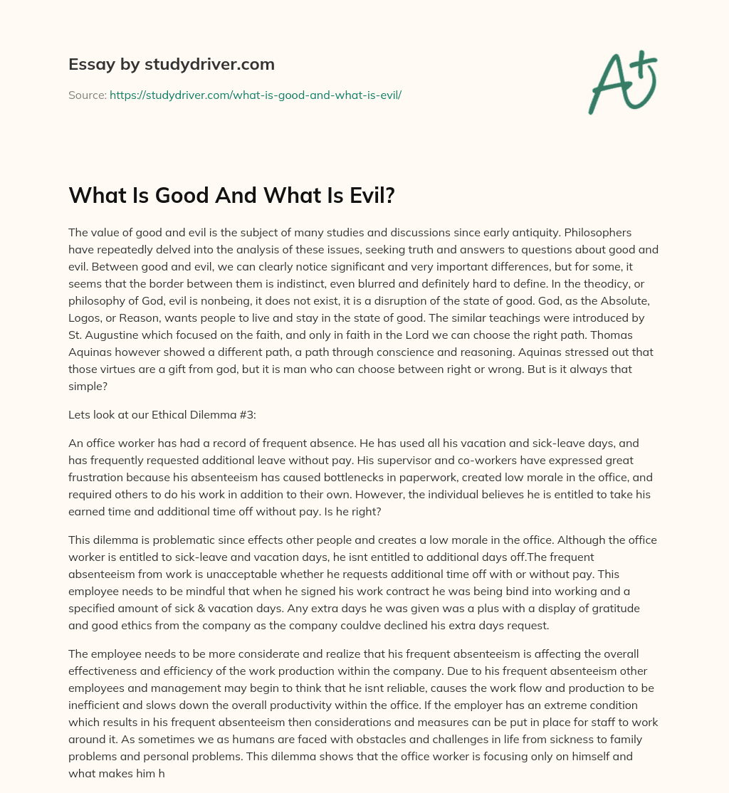 What is Good and what is Evil? essay