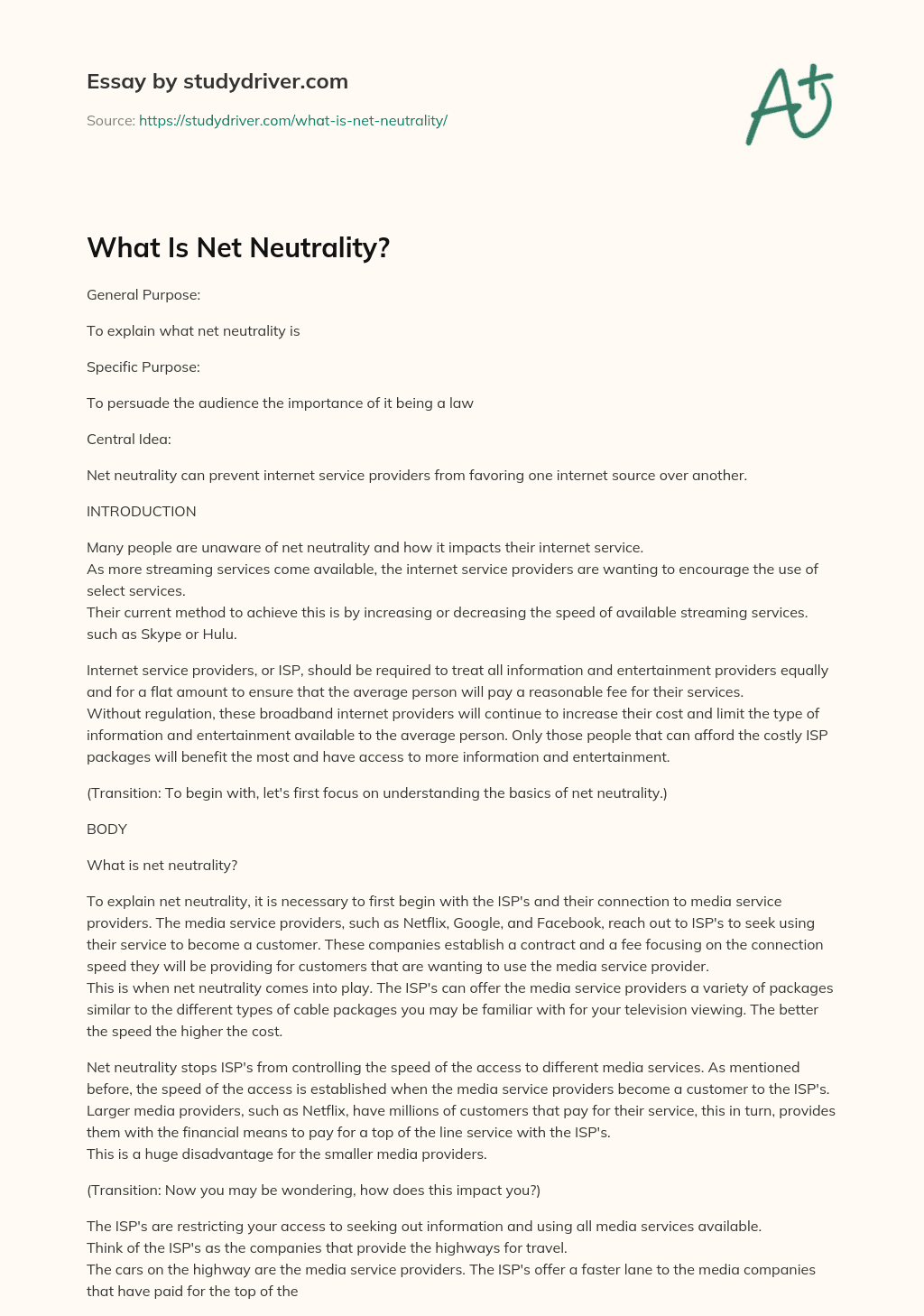 What is Net Neutrality? essay