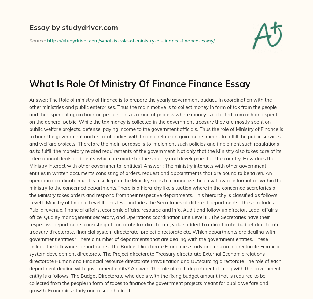 What is Role of Ministry of Finance Finance Essay essay