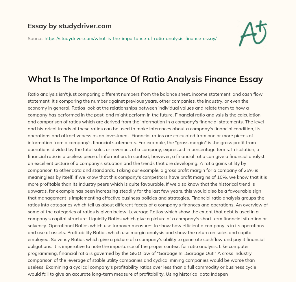 What is the Importance of Ratio Analysis Finance Essay essay