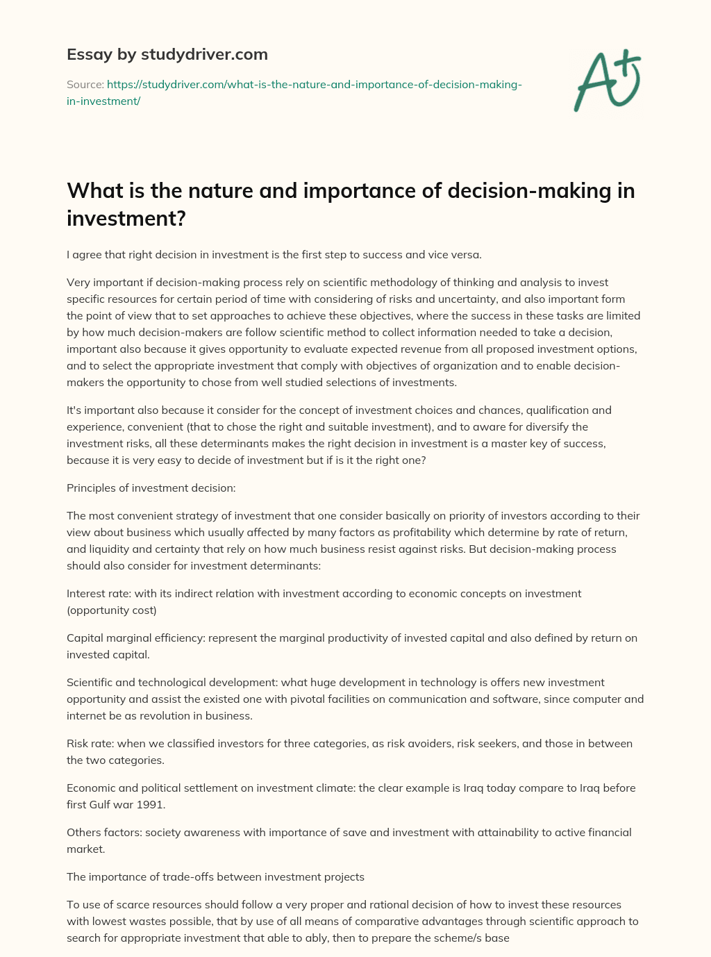 What is the Nature and Importance of Decision-making in Investment? essay