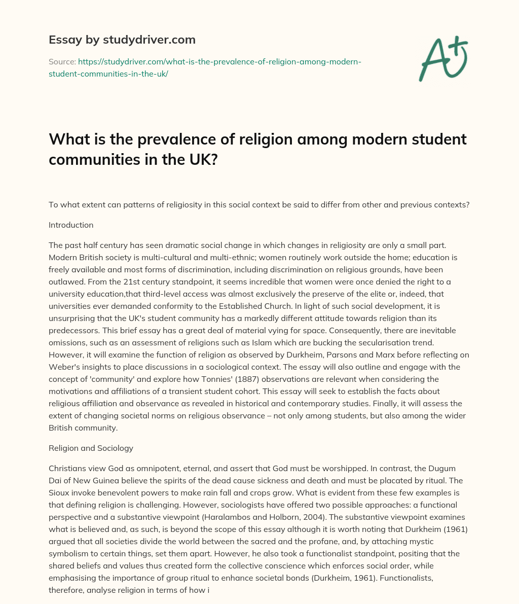 What is the Prevalence of Religion Among Modern Student Communities in the UK? essay