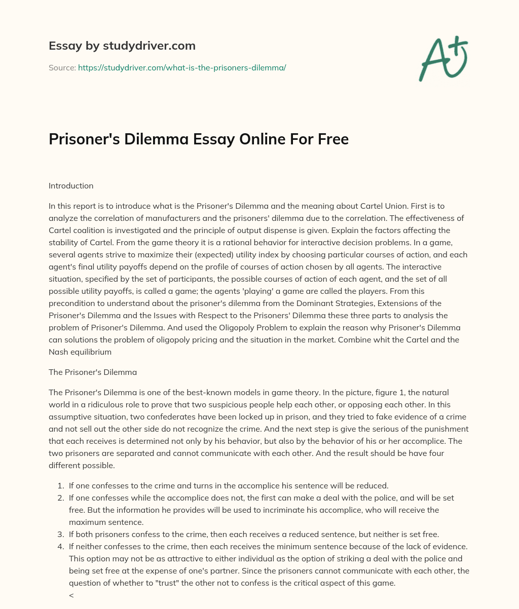 Prisoner’s Dilemma Essay Online for Free essay