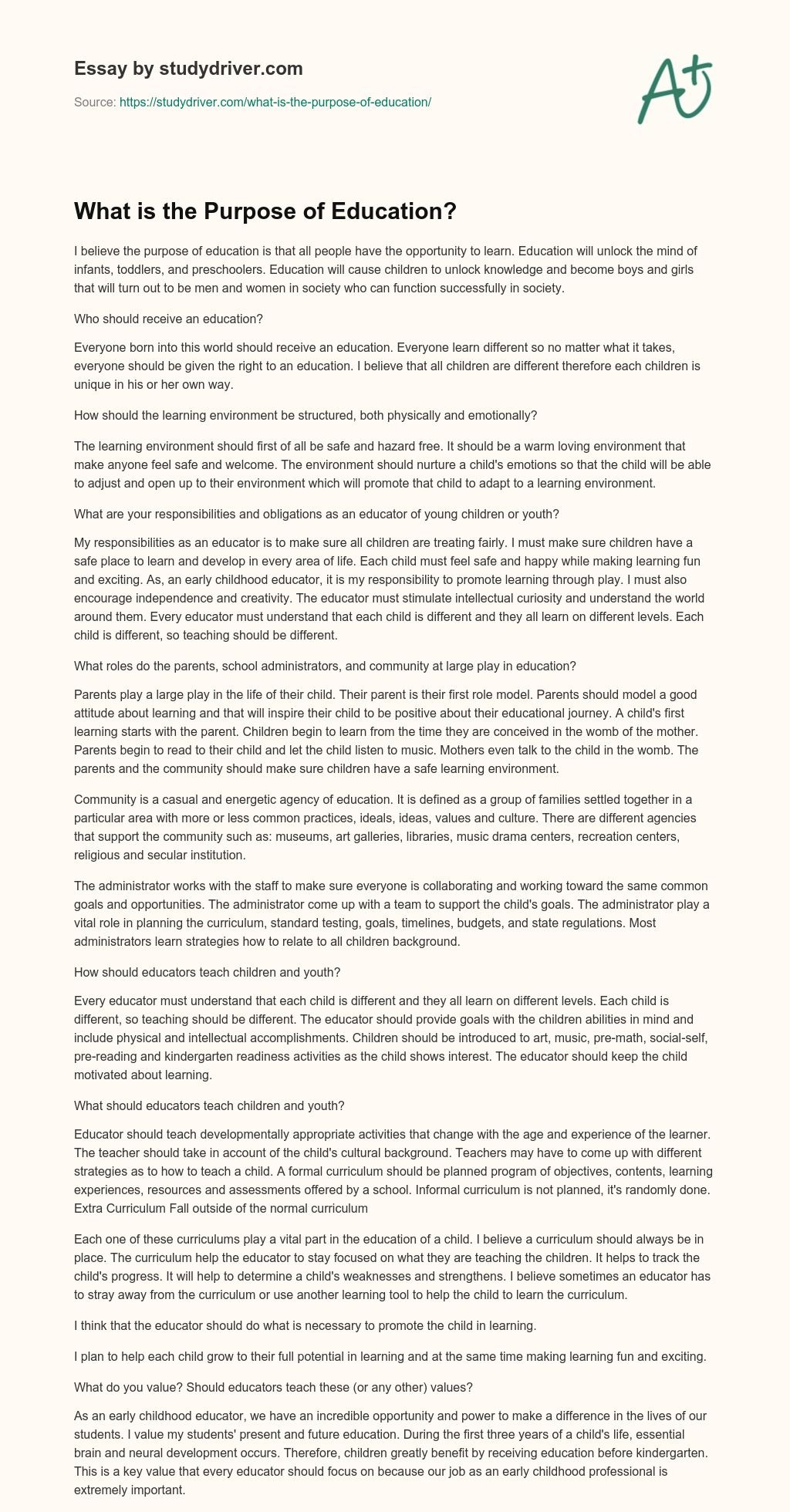 What is the Purpose of Education? essay