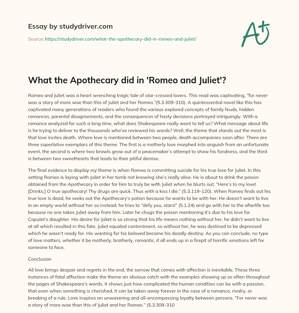 What the Apothecary did in ‘Romeo and Juliet’? essay