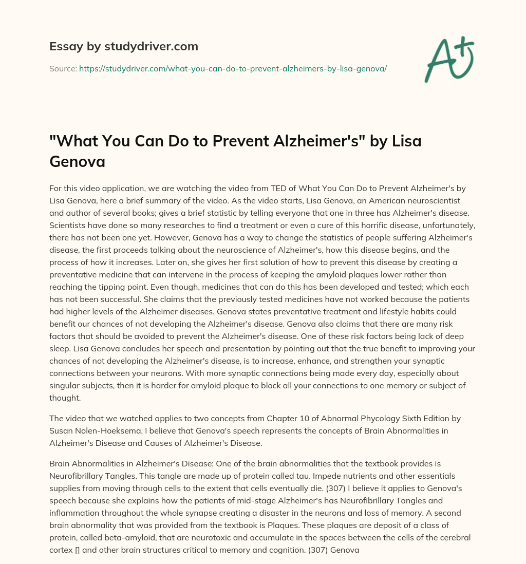 “What you Can do to Prevent Alzheimer’s” by Lisa Genova essay