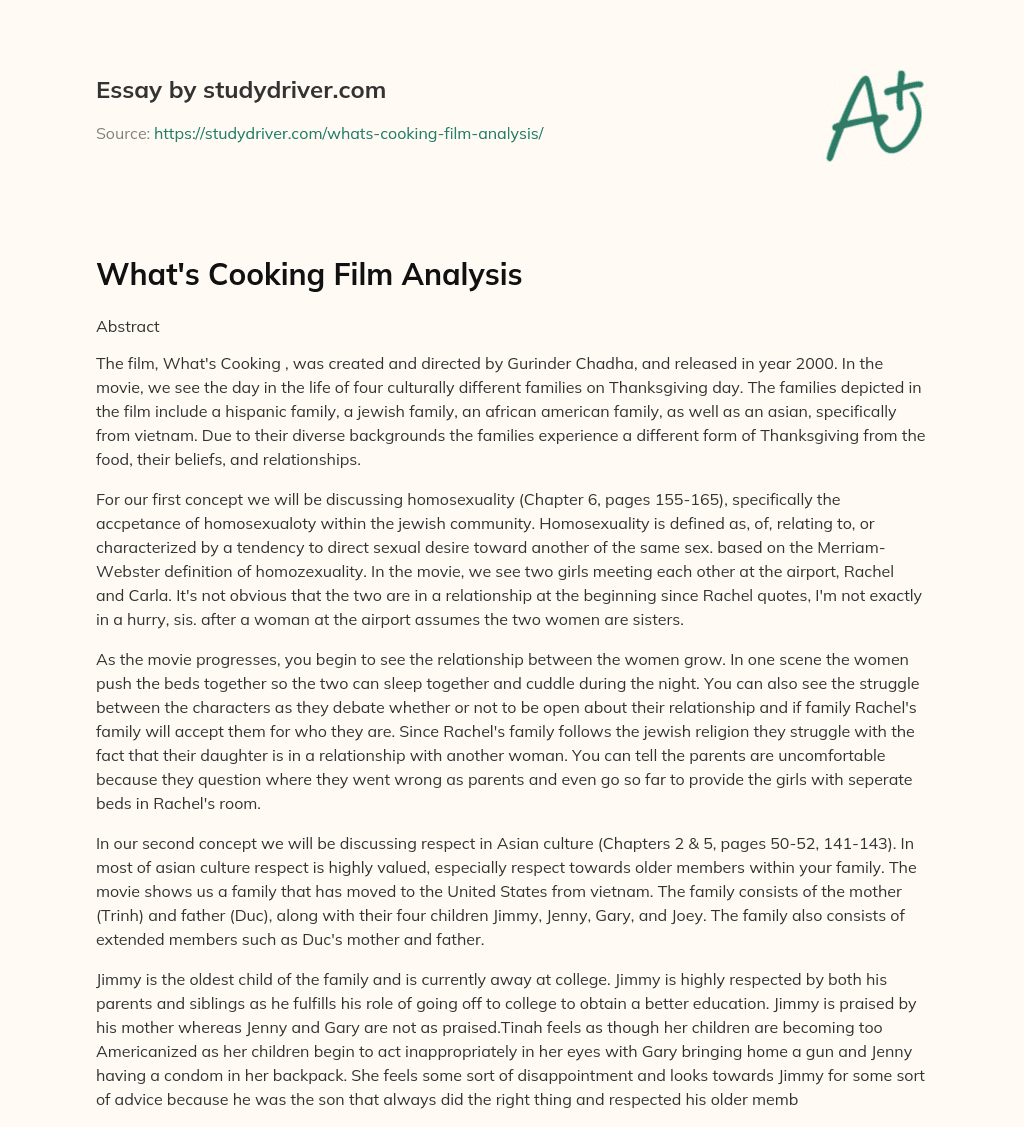 What’s Cooking Film Analysis essay