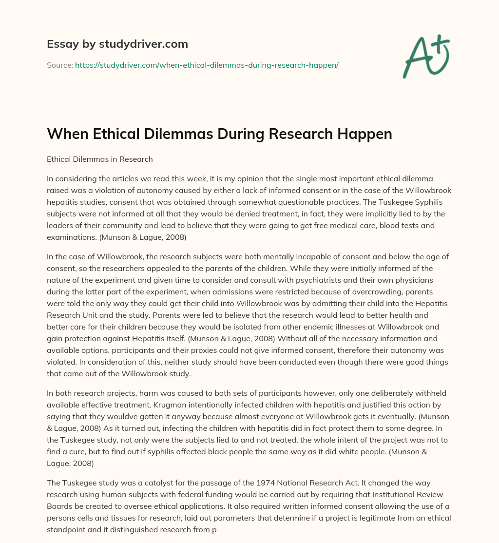 When Ethical Dilemmas during Research Happen essay