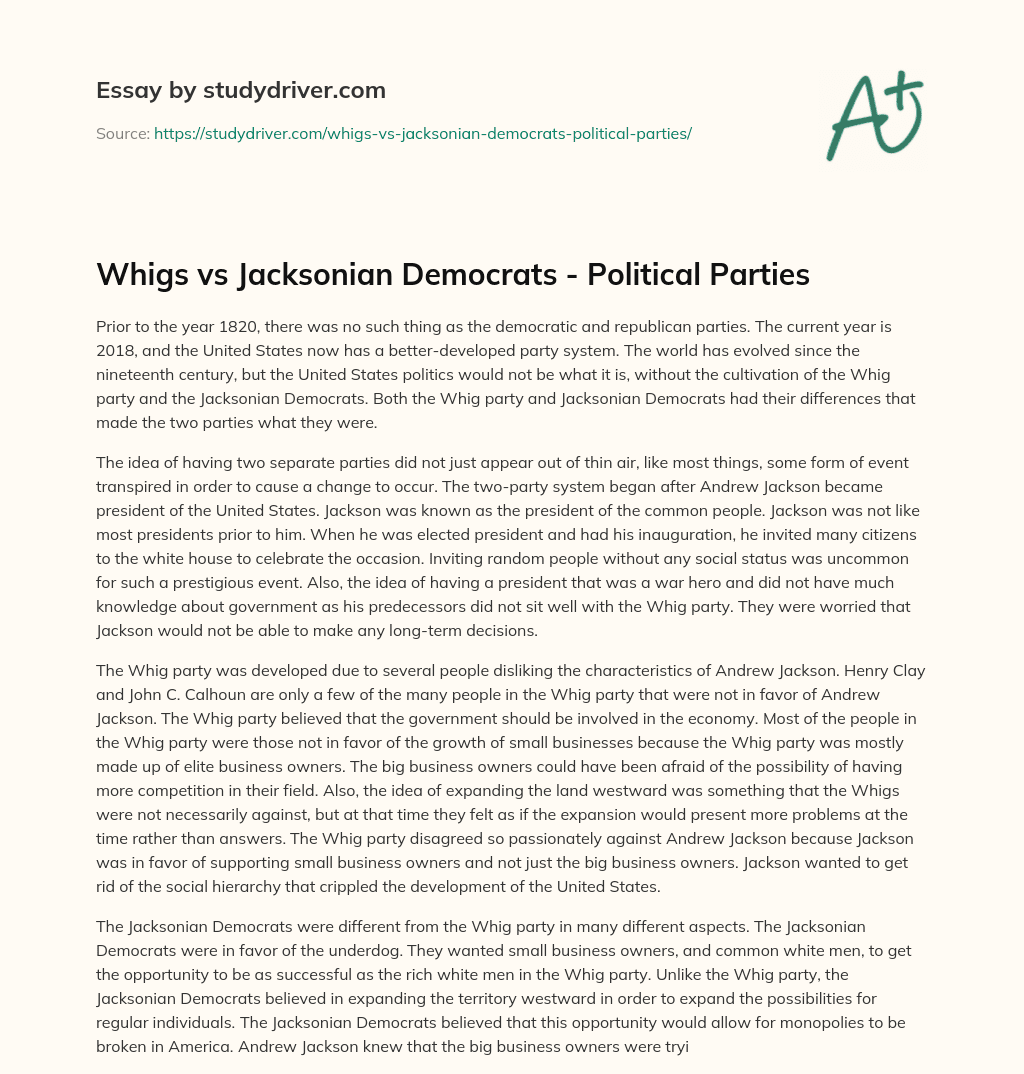 Whigs Vs Jacksonian Democrats – Political Parties essay