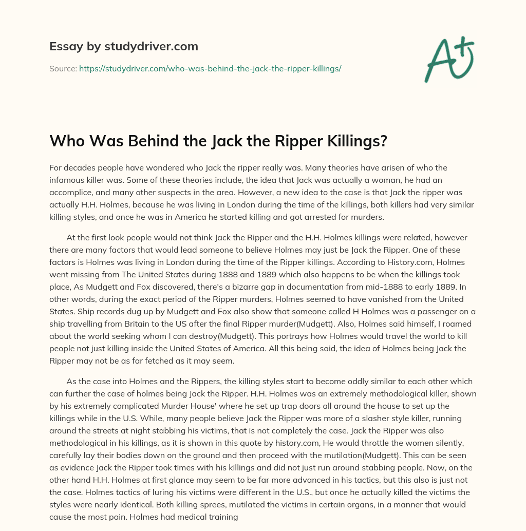 Who was Behind the Jack the Ripper Killings? essay