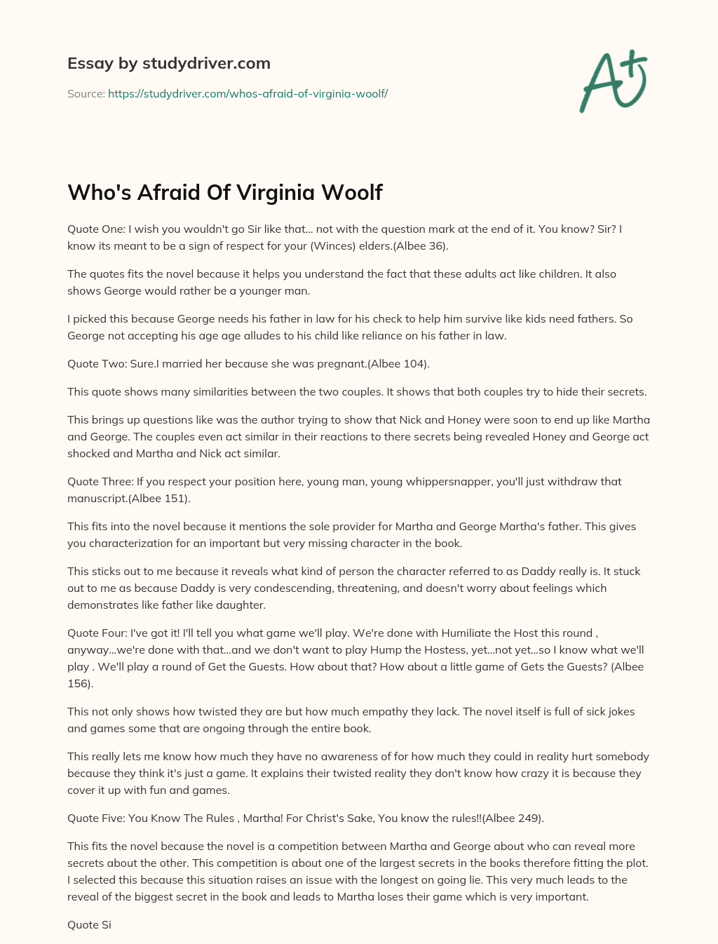 Who’s Afraid of Virginia Woolf essay