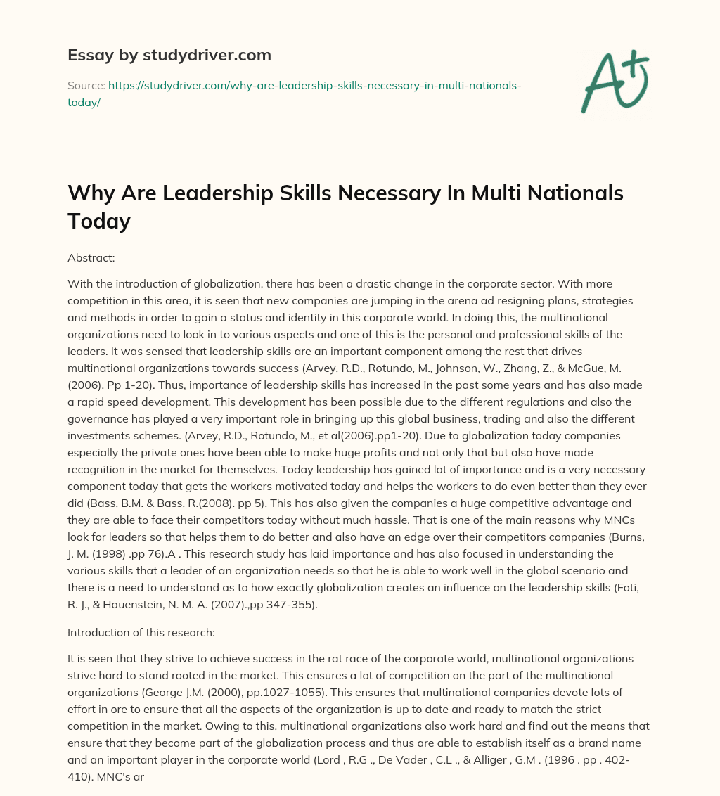 Why are Leadership Skills Necessary in Multi Nationals Today essay