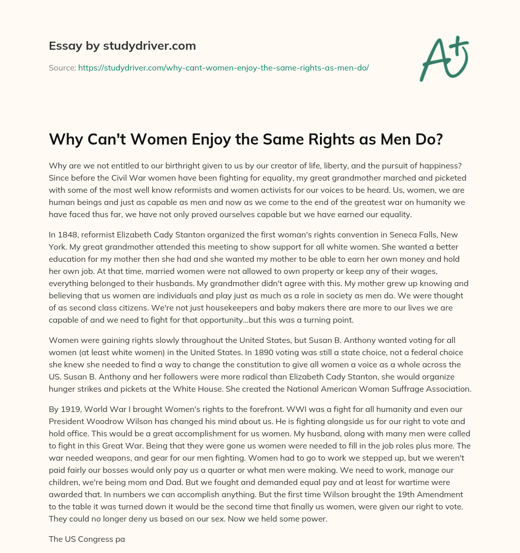 Why can’t Women Enjoy the same Rights as Men Do? essay