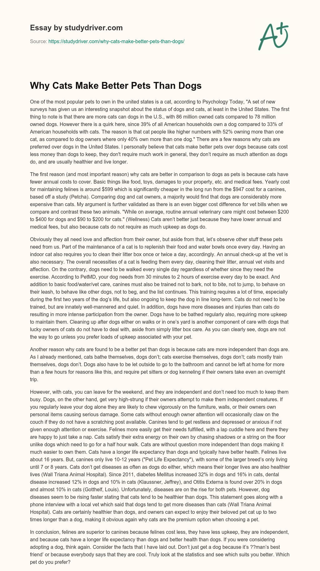 Why Cats Make Better Pets than Dogs essay