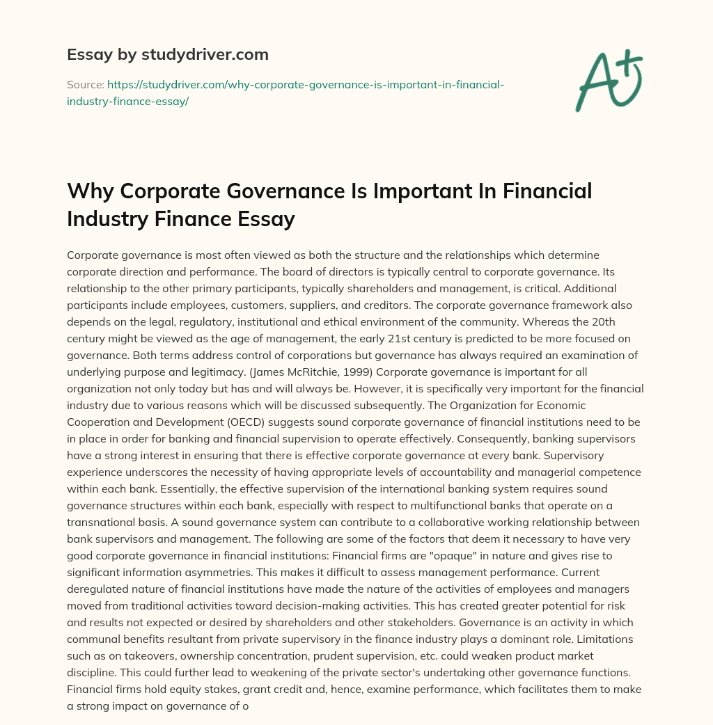 Why Corporate Governance is Important in Financial Industry Finance Essay essay