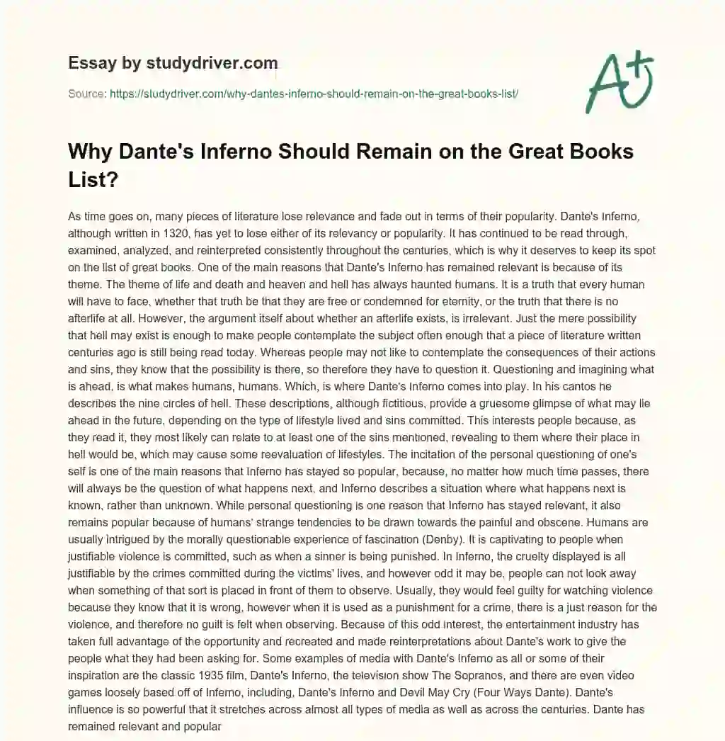 Why Dante’s Inferno should Remain on the Great Books List? essay
