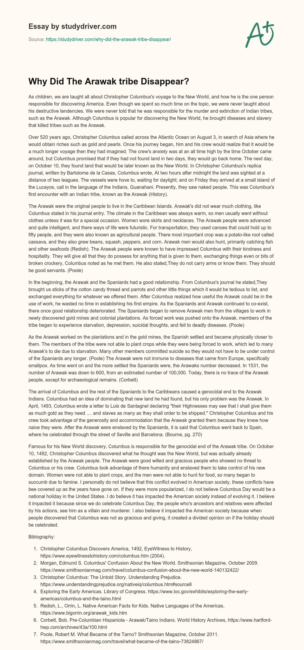 Why did the Arawak Tribe Disappear? essay