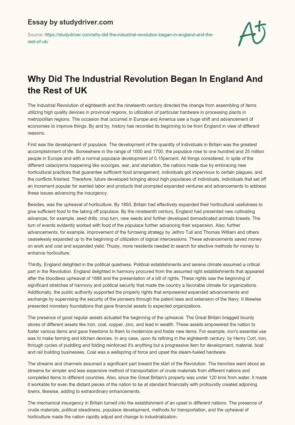 Why did the Industrial Revolution Began in England and the Rest of UK essay