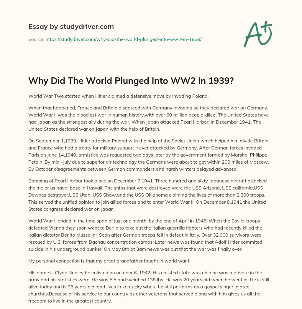 Why did the World Plunged into WW2 in 1939? essay