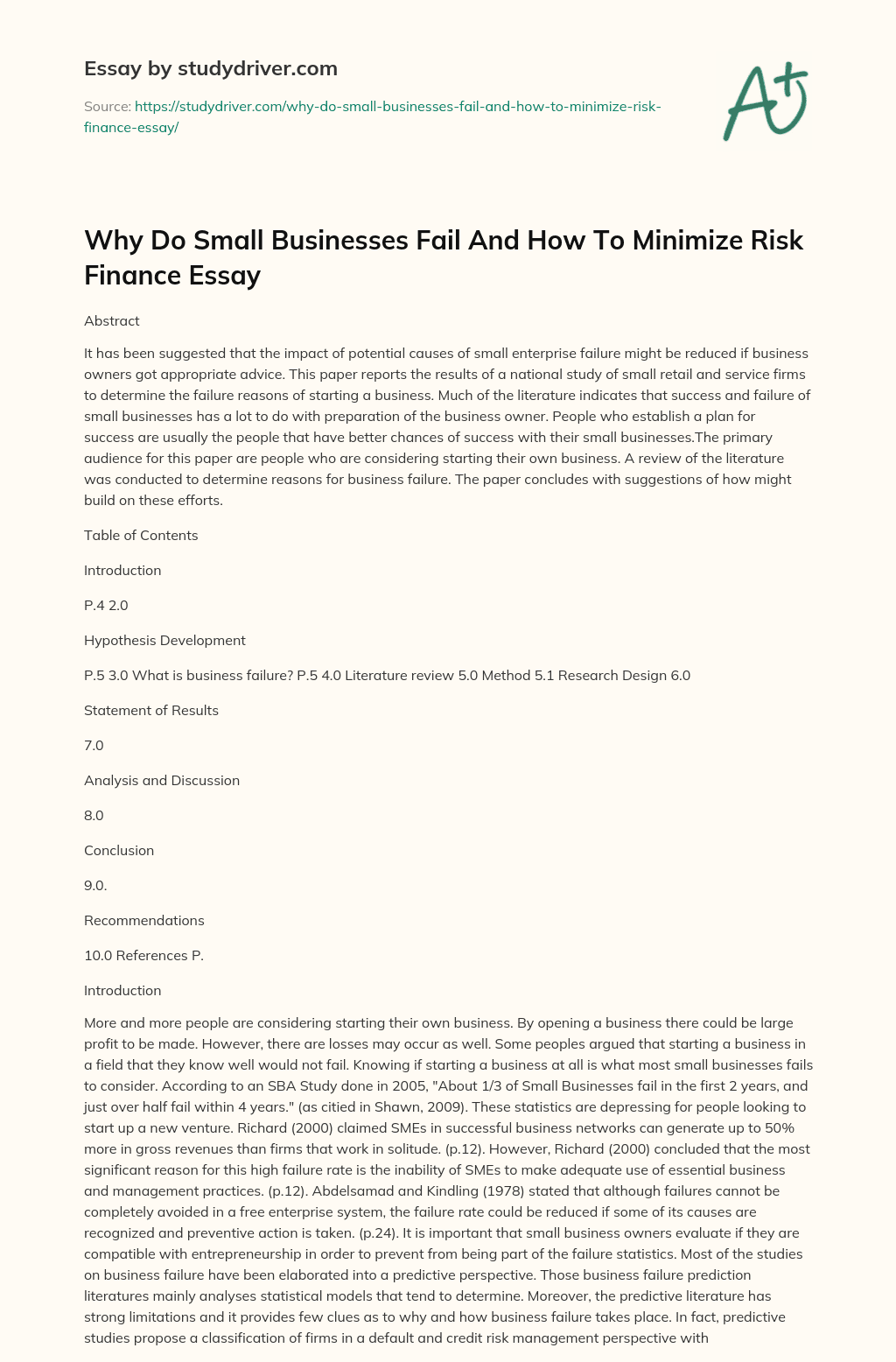 Why do Small Businesses Fail and how to Minimize Risk Finance Essay essay