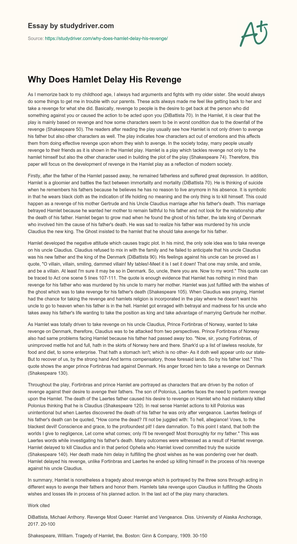 Why does Hamlet Delay his Revenge essay