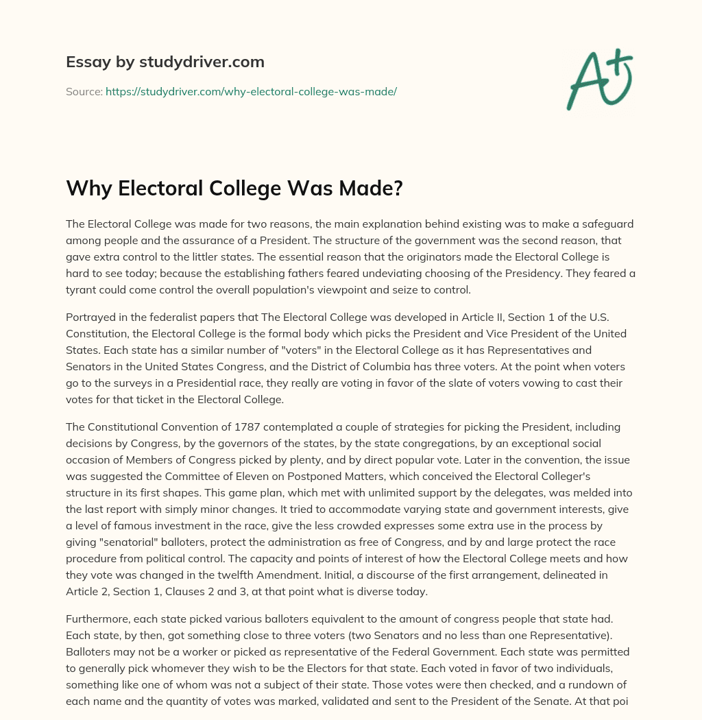 Why Electoral College was Made? essay
