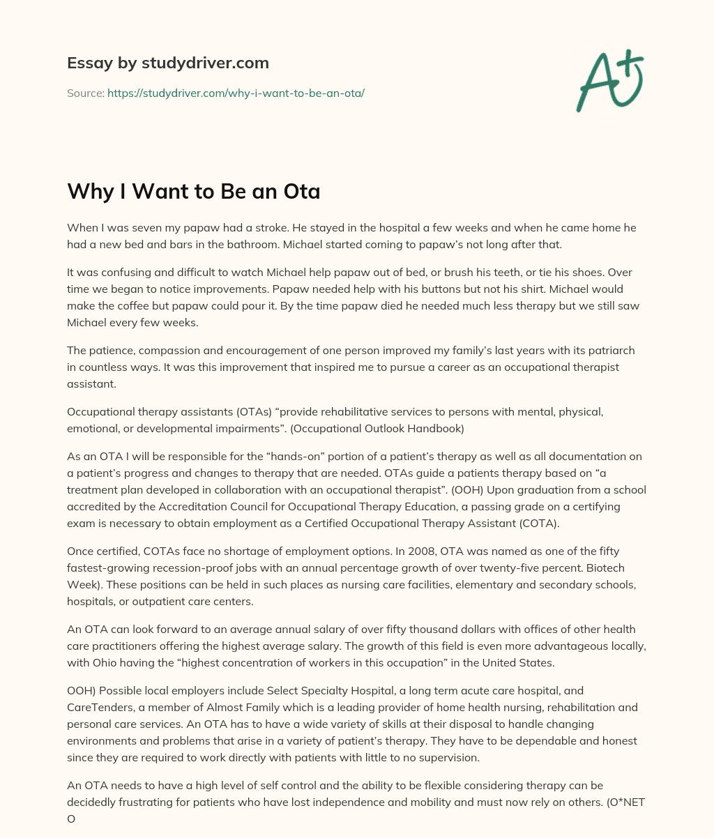 Why i Want to be an Ota essay