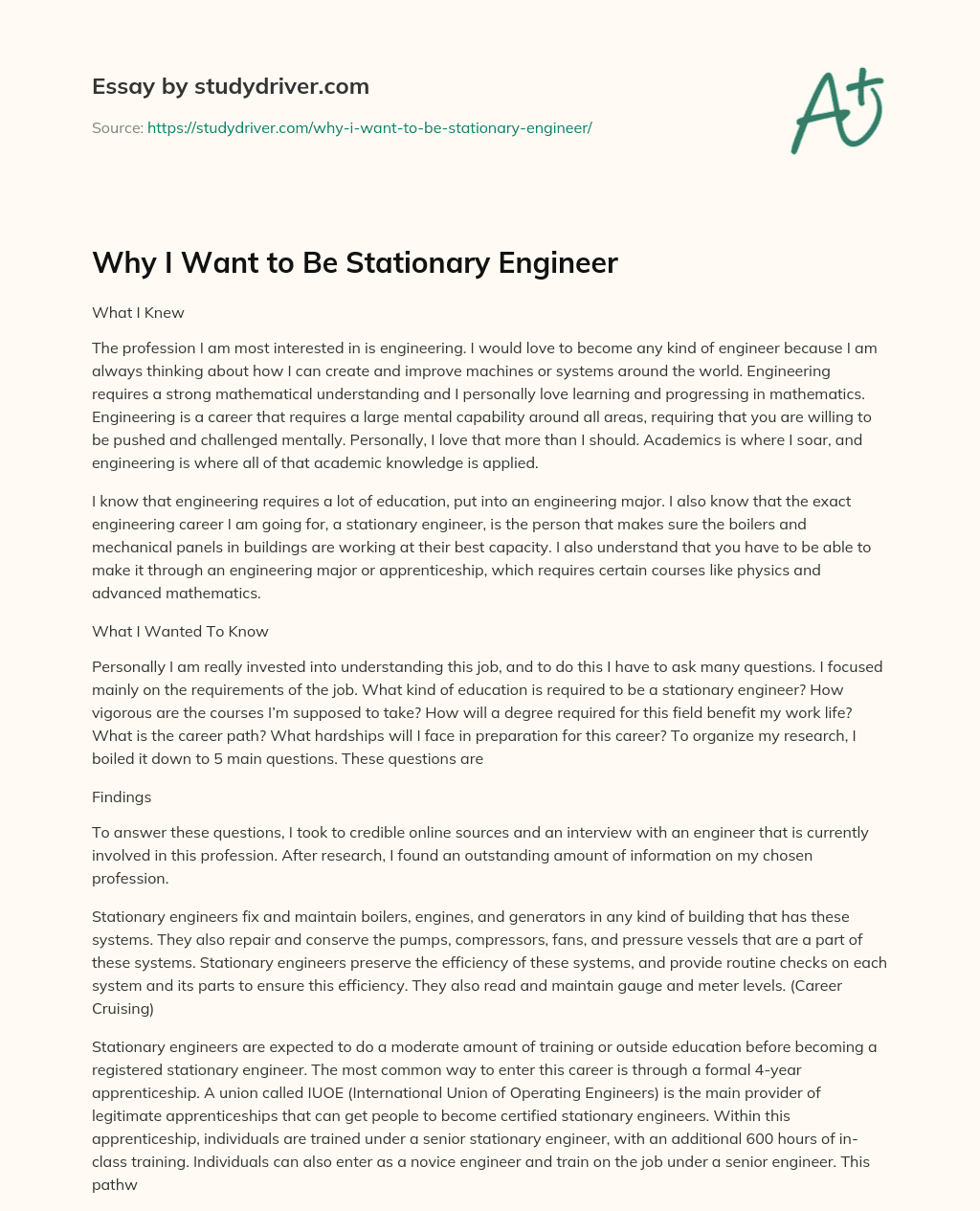 Why i Want to be Stationary Engineer essay