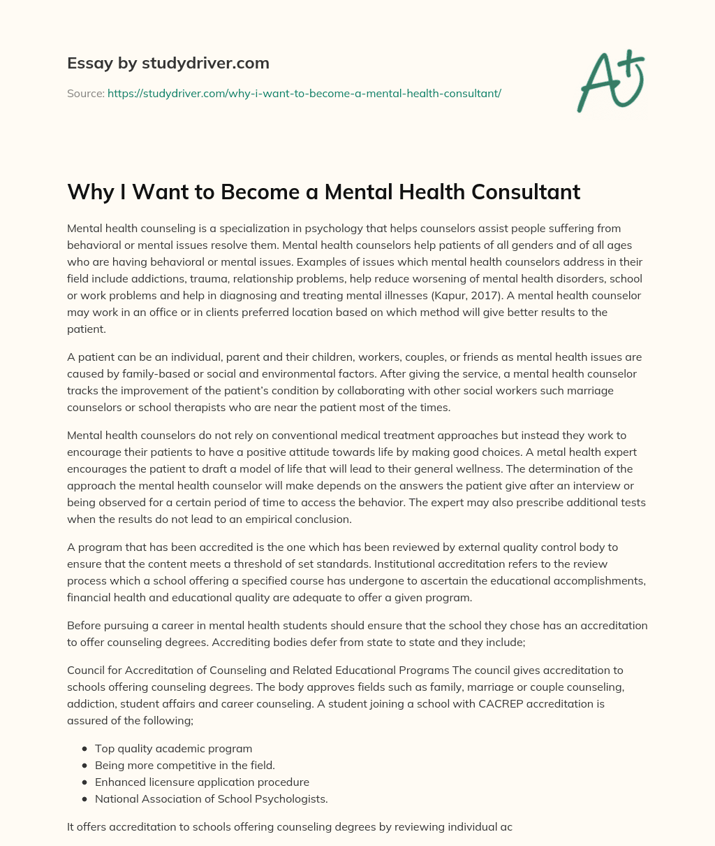 Why i Want to Become a Mental Health Consultant essay