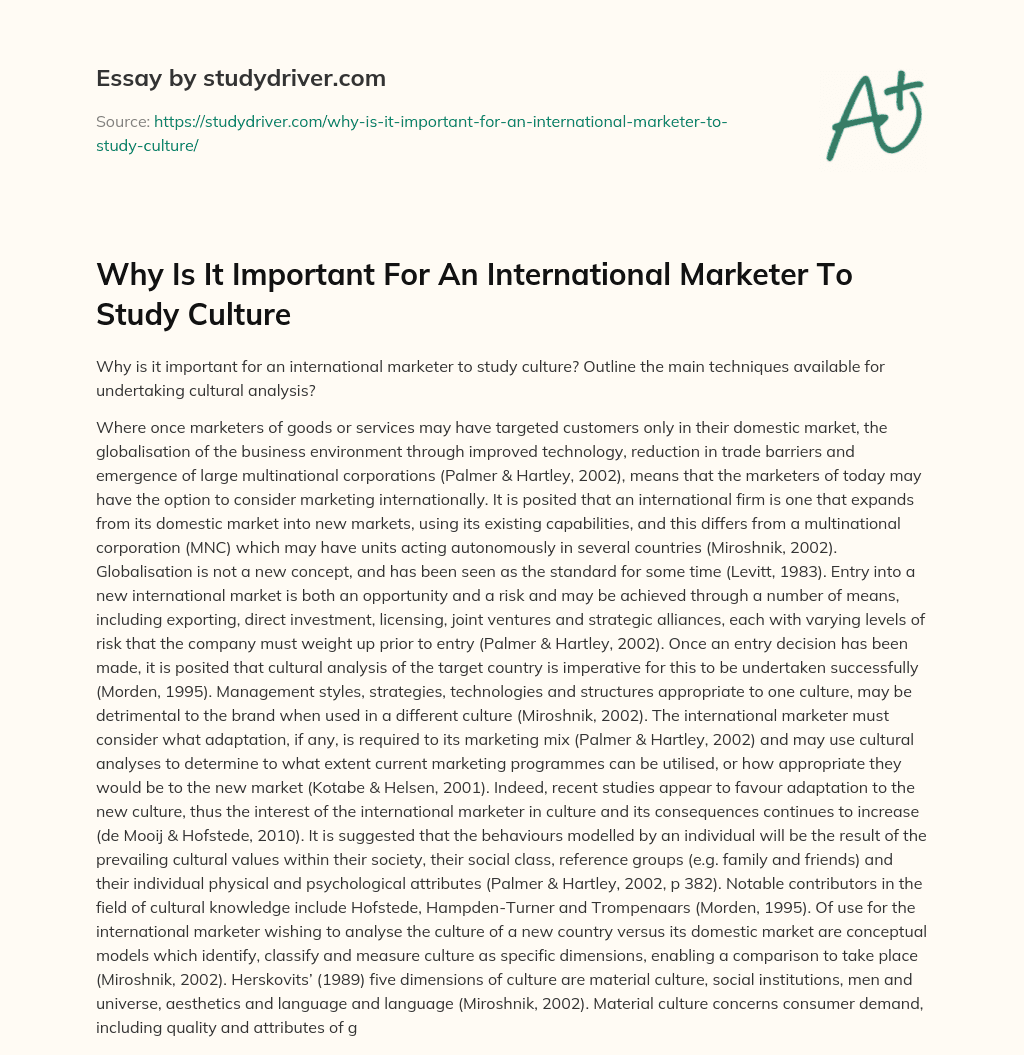 Why is it Important for an International Marketer to Study Culture essay