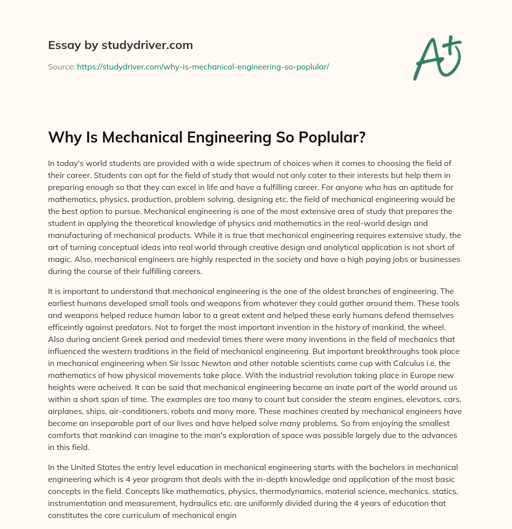 Why is Mechanical Engineering so Poplular? essay