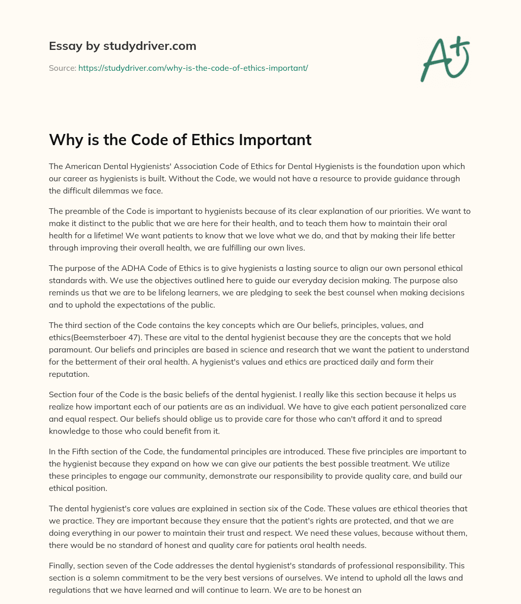 Why is the Code of Ethics Important essay
