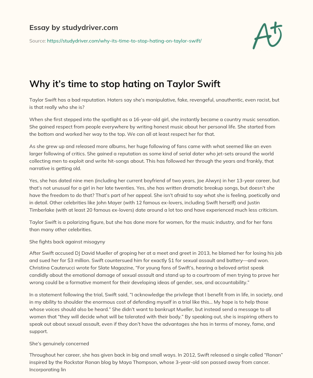 Why It’s Time to Stop Hating on Taylor Swift essay