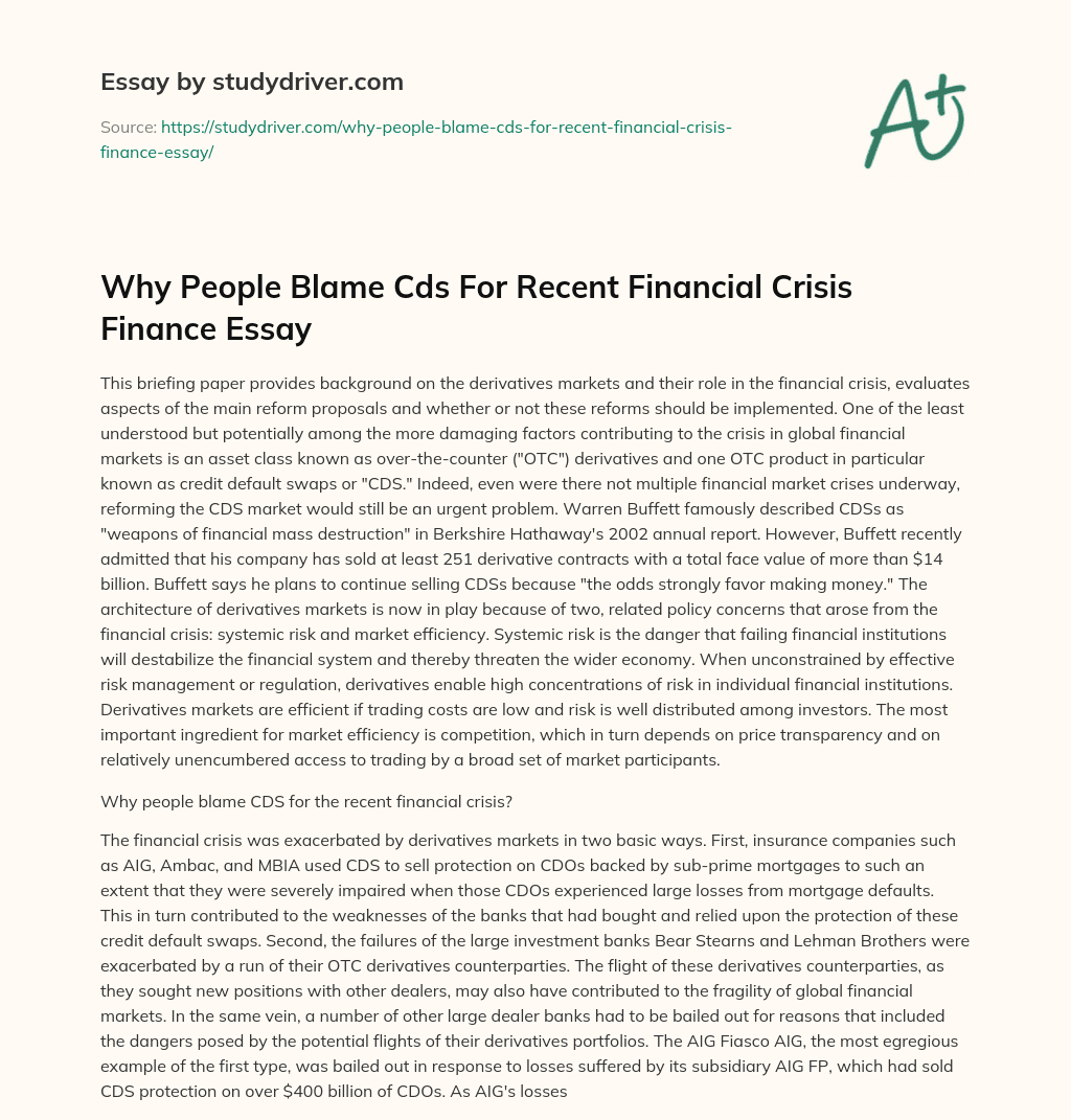 Why People Blame Cds for Recent Financial Crisis Finance Essay essay