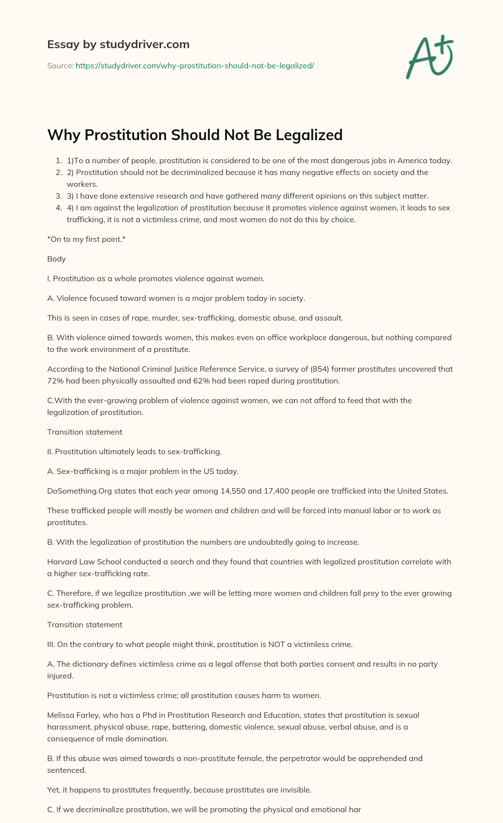 Why Prostitution should not be Legalized essay