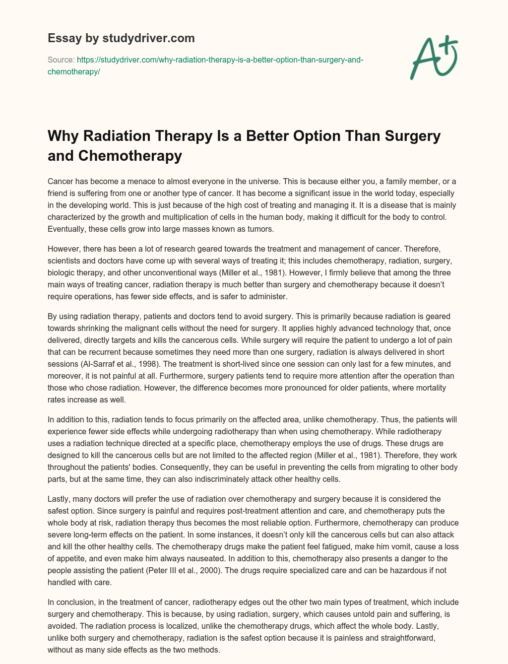 Why Radiation Therapy is a Better Option than Surgery and Chemotherapy essay