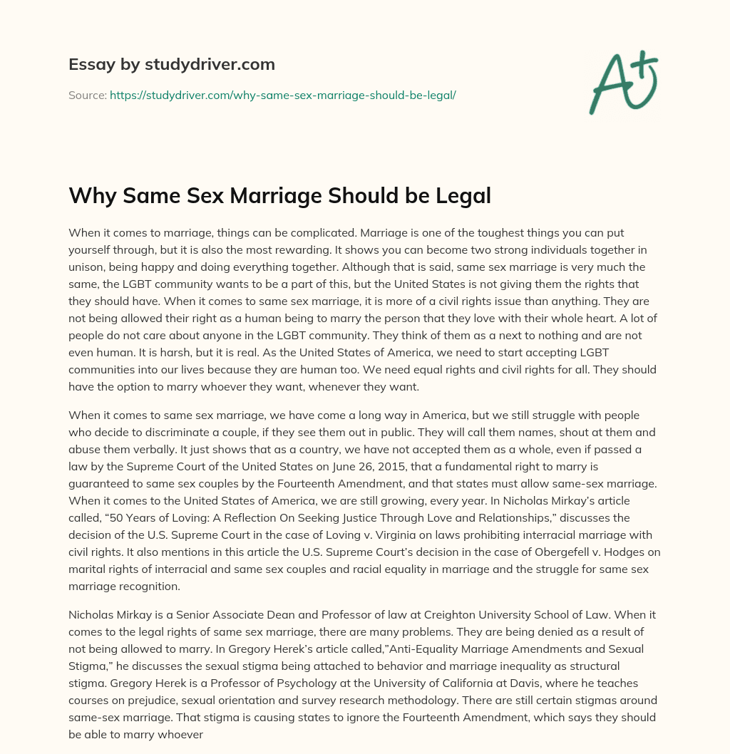 Why same Sex Marriage should be Legal essay