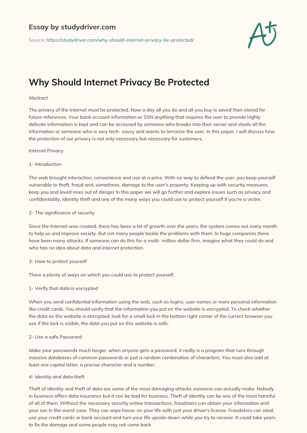 Why should Internet Privacy be Protected essay