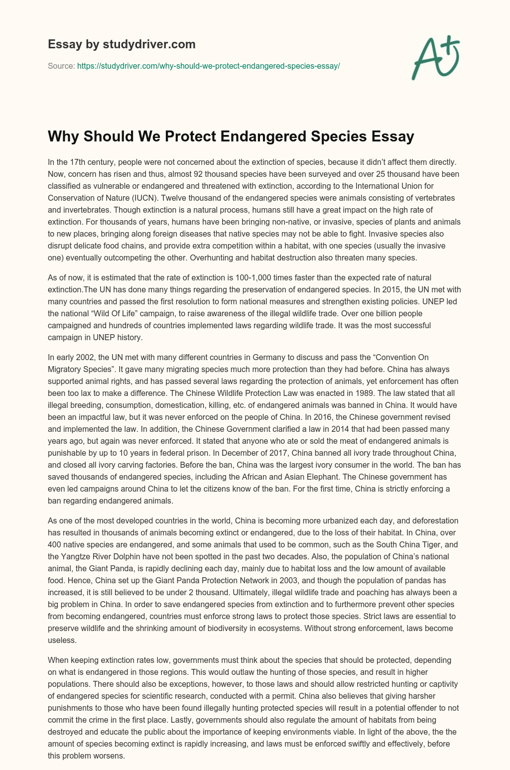 Why Should We Protect Endangered Species Essay - Free Essay Example - 801  Words 